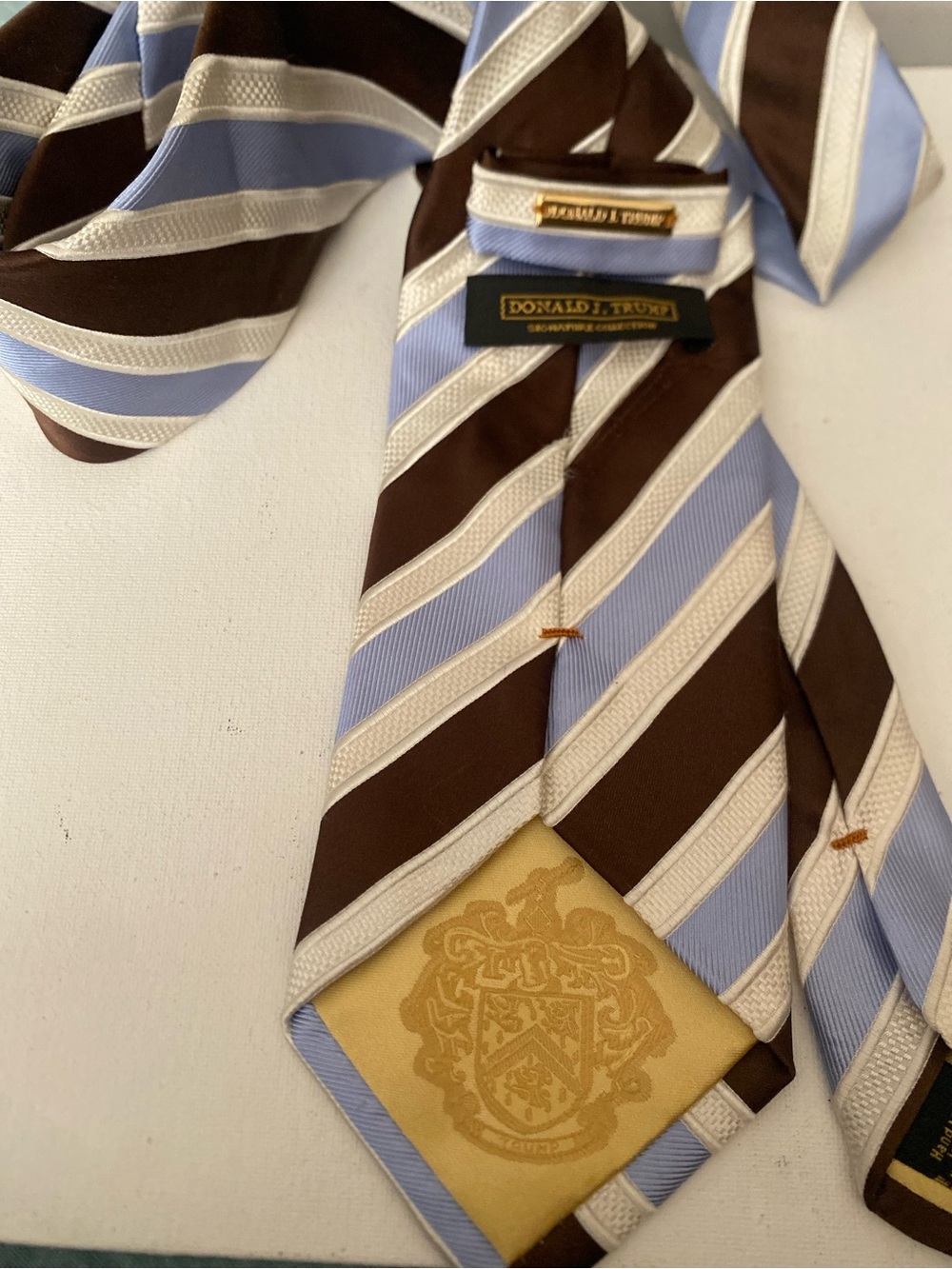 Donald J. Trump Brown, Light Blue & Cream Striped Silk Tie